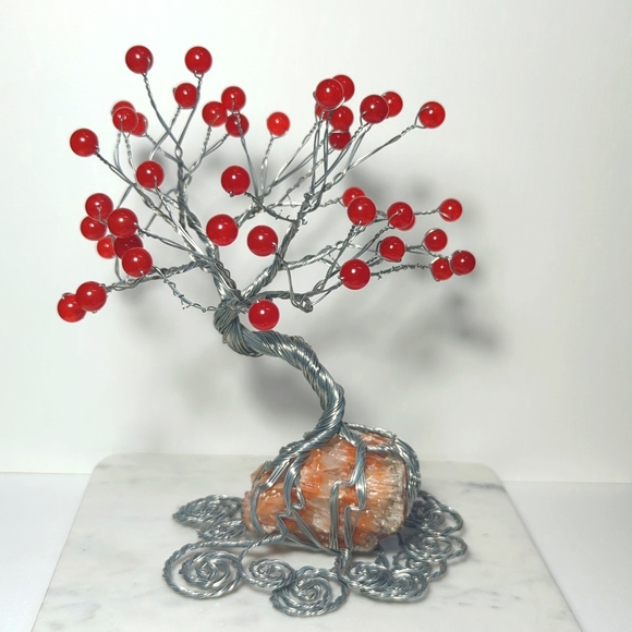 Silver Tone Wire Wrapped Tree with Red Banded Calcite base and red berry leaves - Picture 1 of 6